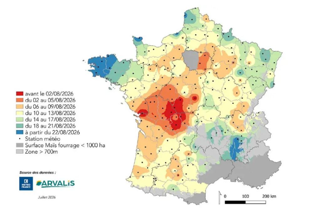 Dates prévisionnelles d’atteinte du stade 32 % MS plante entière en 2026. © Arvalis