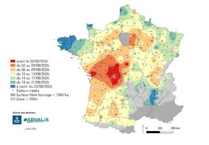 Dates prévisionnelles d’atteinte du stade 32 % MS plante entière en 2026. © Arvalis